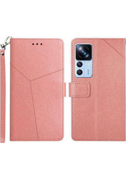 Xiaomi 12T 5g/redmi K50 Ultra 5G/12T Pro 5g HT01 Baskılı Y Şeklinde Hatlar Pu Deri Telefon Cüzdan Kılıf Kılıflı Stand Kapağı Kayış-Pembe (Yurt Dışından)