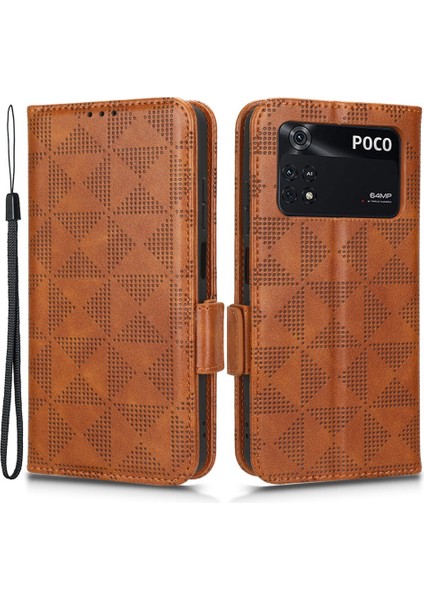 Pu Deri Basılı Üçgen Desen Kılıfı Xiaomi Poco M4 Pro 4g, Cüzdan Stand Fonksiyon Manyetik Toka Telefon Kapak Kahverengi (Yurt Dışından)