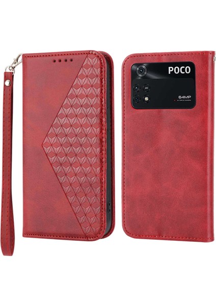 Xiaomi Poco X4 Pro 5g Için Baskılı Rhombus Desen Telefon Stand Buzağı Dokusu Pu Deri Deri Cüzdan Strap-Red ile Manyetik Kapak Kapağı (Yurt Dışından)
