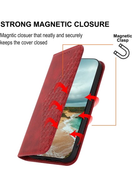 Xiaomi Poco X4 Pro 5g Için Baskılı Rhombus Desen Telefon Stand Buzağı Dokusu Pu Deri Deri Cüzdan Strap-Red ile Manyetik Kapak Kapağı (Yurt Dışından)