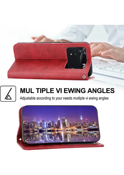 Xiaomi Poco X4 Pro 5g Için Baskılı Rhombus Desen Telefon Stand Buzağı Dokusu Pu Deri Deri Cüzdan Strap-Red ile Manyetik Kapak Kapağı (Yurt Dışından)