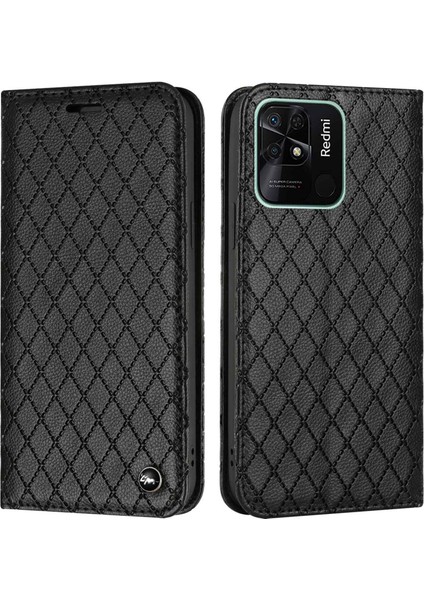 Xiaomi Redmi Için 10C Rhombus Desen Telefon Flip Deri Cüzdan Kılıfı Litchi Doku Doku Giyim Dayanıklı Kapak Stand-Black (Yurt Dışından)