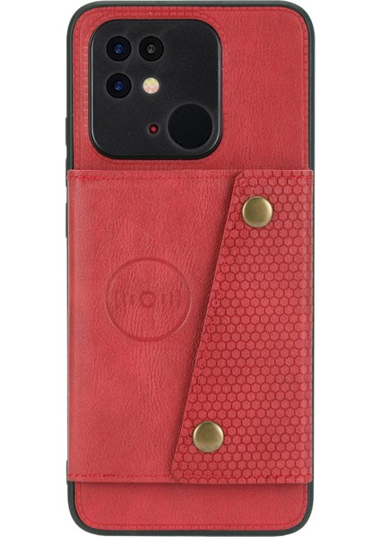 Xiaomi Poco C40 4g Çift Düğme Kart Yuvaları Kickstand Telefon Damla Geçirmez Kapak Pu Deri Kaplamalı Tpu Kılıf Dahili Metal Kırmızı (Yurt Dışından)