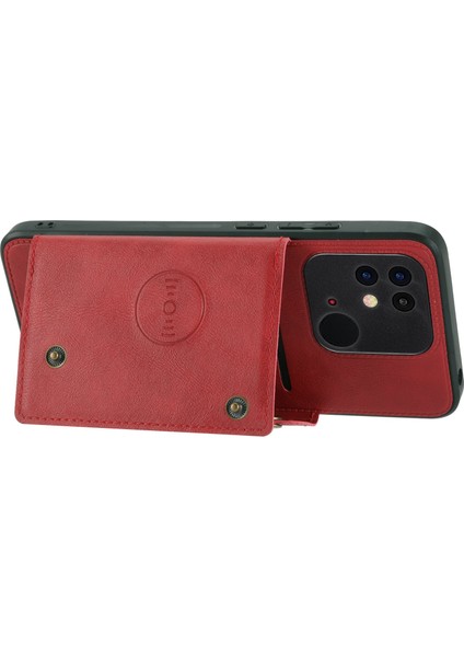 Xiaomi Poco C40 4g Çift Düğme Kart Yuvaları Kickstand Telefon Damla Geçirmez Kapak Pu Deri Kaplamalı Tpu Kılıf Dahili Metal Kırmızı (Yurt Dışından)