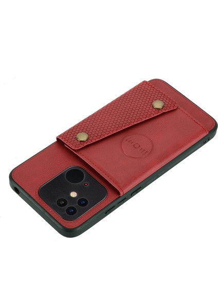 Xiaomi Poco C40 4g Çift Düğme Kart Yuvaları Kickstand Telefon Damla Geçirmez Kapak Pu Deri Kaplamalı Tpu Kılıf Dahili Metal Kırmızı (Yurt Dışından)