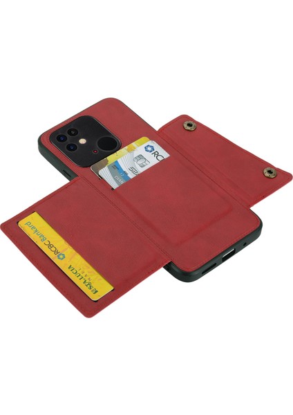 Xiaomi Poco C40 4g Çift Düğme Kart Yuvaları Kickstand Telefon Damla Geçirmez Kapak Pu Deri Kaplamalı Tpu Kılıf Dahili Metal Kırmızı (Yurt Dışından)