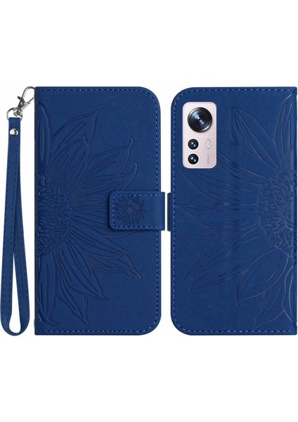 Xiaomi Için 12 Lite 5g HT04 Baskılı Ayçiçeği Pu Deri Cüzdan Kılıf Cilt Touch Stand Manyetik Kapanma Strap-Sapphire ile Flip Telefon Kapağı (Yurt Dışından)