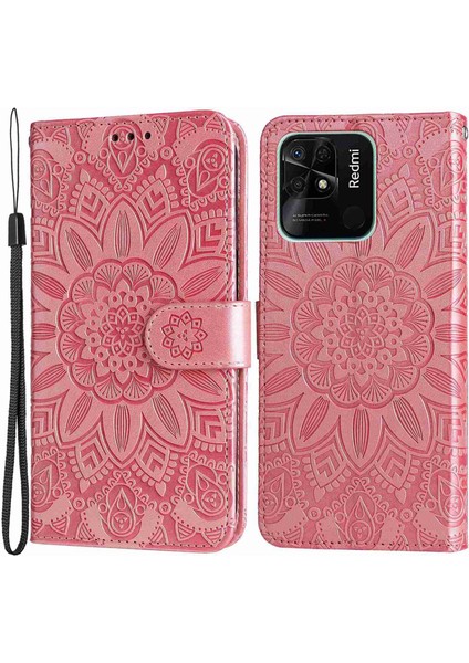 Xiaomi Için Redmi 10C 4g/redmi 10 (Hindistan) 4g Ayçiçeği Baskılı Folio Foli Folo Flow Pu Deri Deri Stand Anti-Fall Manyetik Toka Telefon Kapağı Strap-Pink ile (Yurt Dışından)