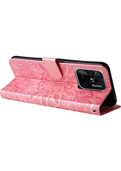 Xiaomi Için Redmi 10C 4g/redmi 10 (Hindistan) 4g Ayçiçeği Baskılı Folio Foli Folo Flow Pu Deri Deri Stand Anti-Fall Manyetik Toka Telefon Kapağı Strap-Pink ile (Yurt Dışından) modelleri