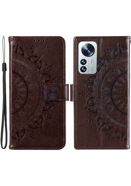 Xiaomi Için 12 Lite Baskılı Mandala Çiçek Deri Kılıf Cüzdanı Telefon Stand Kapağı Bilek Kayış-Kahverengi (Yurt Dışından)