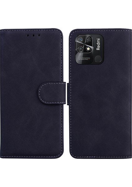 Xiaomi Redmi 10C Için Düz Renk Telefon Kılıfı, Pu Deri Stand Cüzdan Kapağı Tpu Iç Telefon Kabuk Black (Yurt Dışından)