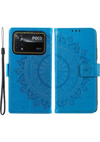 Xiaomi Poco X4 Pro 5g Cüzdan Stand Tasarımı Baskılı Mandala Çiçek Tamamen Sarılmış Pu Deri Telefon Kapak Telefon Kılıfı Blue (Yurt Dışından)
