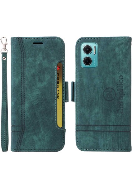 Xiaomi Redmi Için Not 11E 5g/10 5g/10 Prime+ 5g Baskılı Dikiş Hattı Pu Deri Deri Telefon Bırakma Kılıfı Koruma Flip Stand Cüzdan Kapağı Strap-Yeşili (Yurt Dışından)