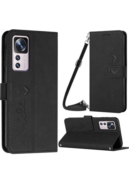 Xiaomi Için 12T 5G/12T Pro 5g/redmi K50 Ultra 5g Cilt Touch Hissed Pu Deri Telefon Kılıfı Baskılı Kalp Şekli Stand Cüzdan Omuz Kayışı Black ile Manyetik Koruyucu Kapak (Yurt Dışından)