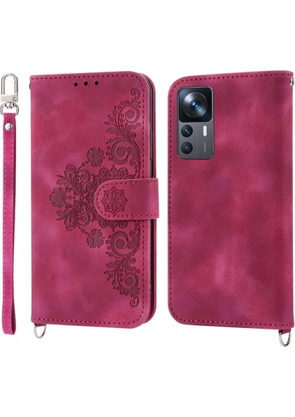 Xiaomi Için 12T 5g/redmi K50 Ultra 5g Baskılı Çiçekler Cüzdan Kılıf Deri Dokunma Pu Durgun Kart Yuvası Stand Çok Kart Yuvası Flip Koruyucu Kapak Bilek Kayışı ve Omuz Askısı Kırmızısı (Yurt Dışından)