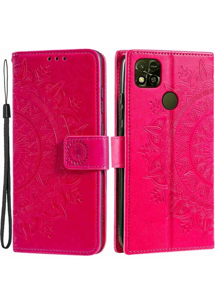 Xiaomi Için Redmi 10A Pu Deri Cüzdan Telefon Kapağı Stand Mandala Çiçek Deseni Strap-Rose ile Baskılı Telefon Kılıfı (Yurt Dışından)