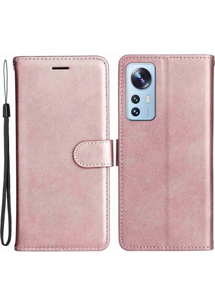 Xiaomi Için 12 Lite 5g 5g Düz Renkli Pu Deri Kılıf Tamamen Sarılmış Telefon Stand Cüzdan Kapağı Strap-Rose Altın (Yurt Dışından)