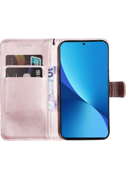 Xiaomi Için 12 Lite 5g 5g Düz Renkli Pu Deri Kılıf Tamamen Sarılmış Telefon Stand Cüzdan Kapağı Strap-Rose Altın (Yurt Dışından) modelleri