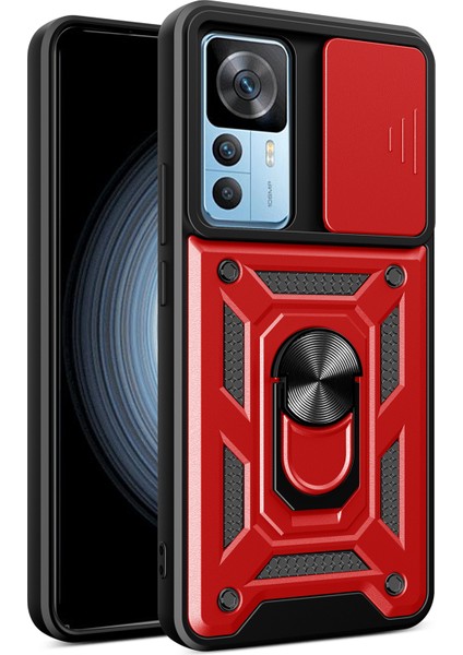 Xiaomi 12T Pro 5g Telefon Kılıfı Hands-Ring Tutucu Kickstand Pc+Tpu Koruyucu Arka Kapak Slayt Kamera Koruyucu-Kırmızı (Yurt Dışından)