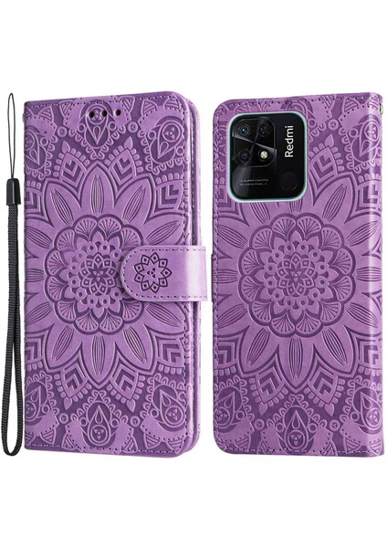 Xiaomi Için Redmi 10C 4g/redmi 10 (Hindistan) 4g Ayçiçeği Baskılı Folyo Folyo Folo Folo Kılıfı Pu Deri Standı Anti-Fall Manyetik Toka Telefon Kapağı Kayış-Mor ile (Yurt Dışından)