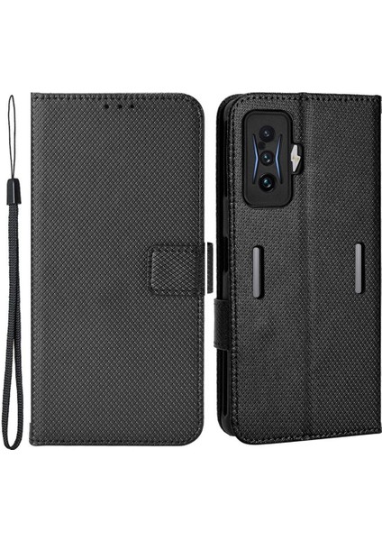 Xiaomi Için Poco F4 Gt/redmı K50 Oyun Elmas Doku Cep Telefonu Katlanabilir Stand Pu Deri Telefon Kılıfı Strap-Black ile Kabuk (Yurt Dışından)