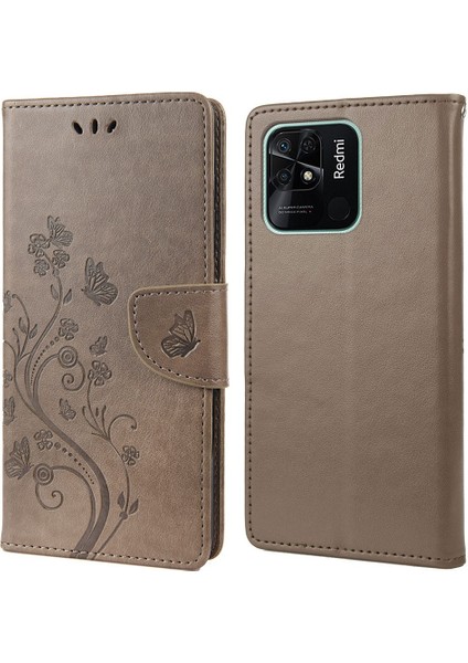 Xiaomi Redmi Için 10C Kelebek Çiçek Baskılı Folio Flip Pu Deri Kılıf Stand Cüzdan Kapak-Grey (Yurt Dışından)