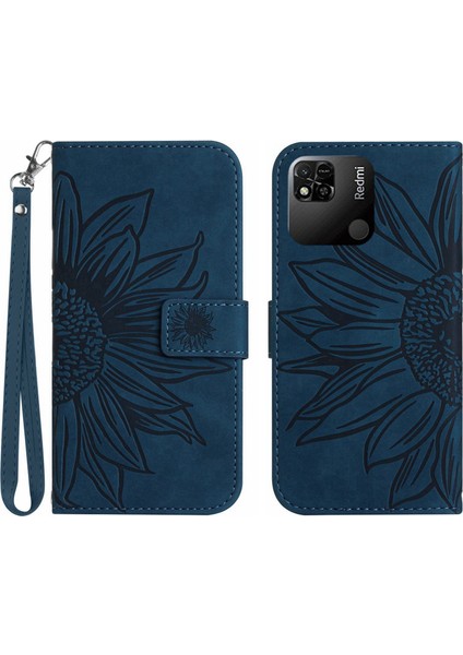 Xiaomi Redmi 10A Için Koruyucu Cep Telefonu Kapağı, HT04 Cilt Dokunma Basılı Baskısı Ayçiçeği Flip Cüzdan Telefon Kılıfı El Strap-Dark Mavi ile (Yurt Dışından)