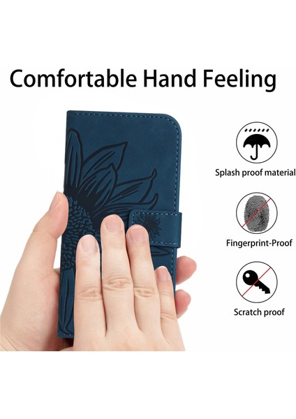Xiaomi Redmi 10A Için Koruyucu Cep Telefonu Kapağı, HT04 Cilt Dokunma Basılı Baskısı Ayçiçeği Flip Cüzdan Telefon Kılıfı El Strap-Dark Mavi ile (Yurt Dışından)