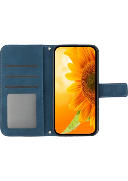 Xiaomi Redmi 10A Için Koruyucu Cep Telefonu Kapağı, HT04 Cilt Dokunma Basılı Baskısı Ayçiçeği Flip Cüzdan Telefon Kılıfı El Strap-Dark Mavi ile (Yurt Dışından)