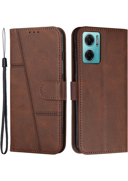 Xiaomi Redmi Için Not 11E 5g/10 5g/10 Prime+ 5g Dikiş Tasarım Cüzdan Telefon Kapağı Tpu Iç Mekan Koru Pu Deri Folio Flip Stand Case Strap-Brown (Yurt Dışından)