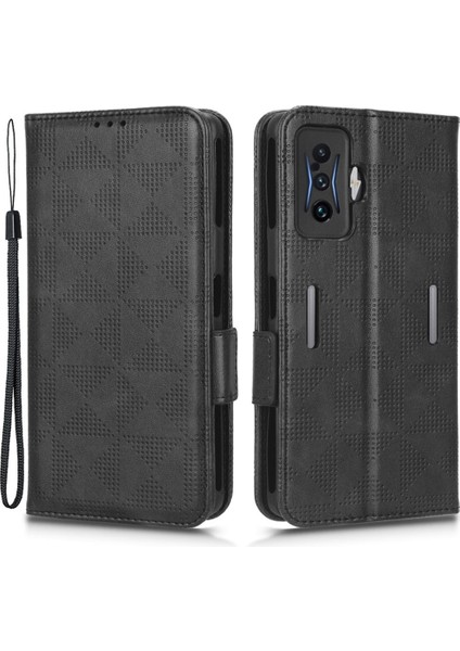 Xiaomi Için Telefon Kılıfı Redmi K50 Oyun 5g/poco F4 Gt, Tam Koruma Üçgen Deseni Baskılı Flip Cüzdan Stand Pu Deri Kapak Strap-Black (Yurt Dışından)