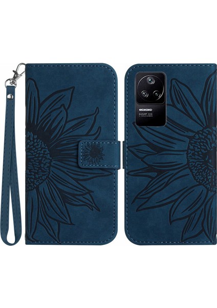 Xiaomi Için Poco F4 5g/redmi K40S 5g HT04 Baskılı Ayçiçeği Stand Cüzdan Telefon Kılıfı Cilt Touch Pu Deri Anti Drop Kapak Strap-Dark Mavi (Yurt Dışından)