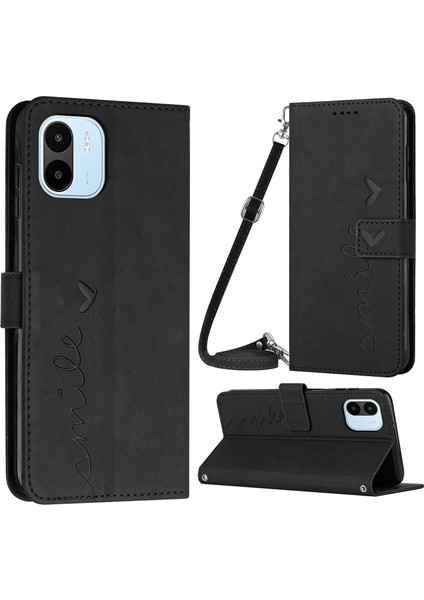 Xiaomi Için Redmi A1 4g/a2 4g Pu Deri Baskılı Kalp Şekli Cüzdan Kılıfı Manyetik Kapanma Stand Cilt Touch Hissed Hisset Telefon Kapağı Omuz Kayışı Black (Yurt Dışından)