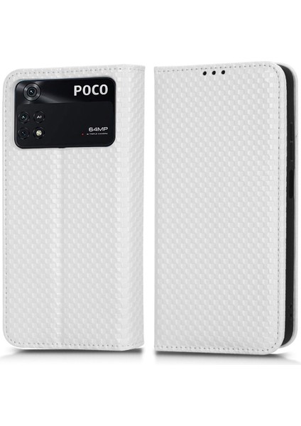Xiaomi Poco M4 Pro 4g Için Pu Deri Telefon Kapağı, Baskılı Izgara Desen Standı Kılıfı Manyetik Otomatik Emzik Cüzdan Kılıf Beyaz (Yurt Dışından)