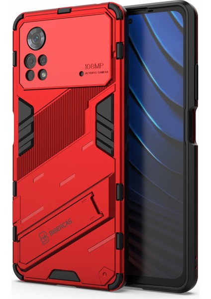 Xiaomi Poco X4 Pro 5g Çift Katman Tasarım Tpu+Pc Case Kickstand Heavy Hizmet Zırh Kapak-Kırmızı (Yurt Dışından)