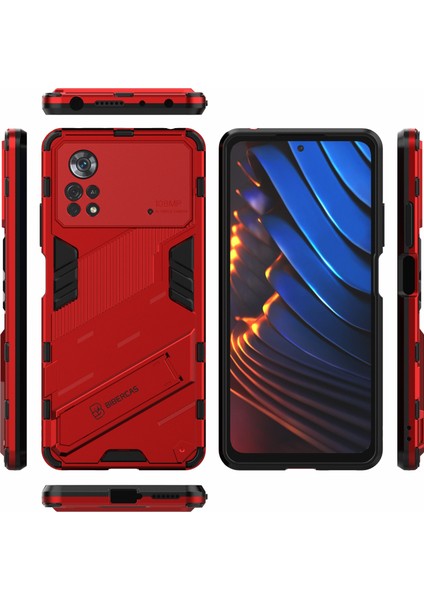 Xiaomi Poco X4 Pro 5g Çift Katman Tasarım Tpu+Pc Case Kickstand Heavy Hizmet Zırh Kapak-Kırmızı (Yurt Dışından)