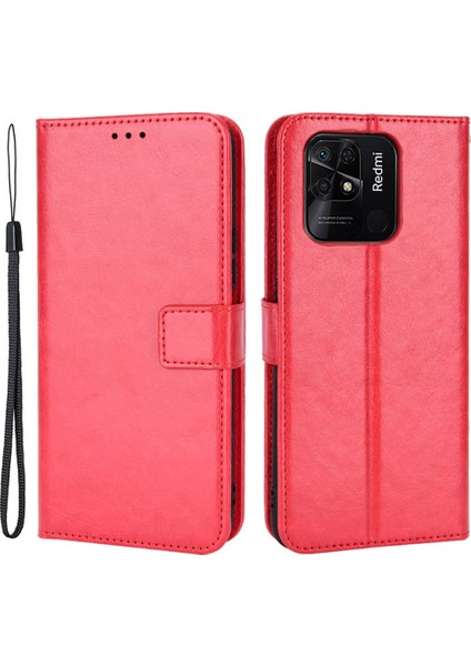 Manyetik Kapatma Cüzdan Xiaomi Için Telefon Kılıfı Redmi 10C Pu Deri Folio Flip Cover Çılgın At Doku Doku Kabuğu Strap-Red ile (Yurt Dışından)