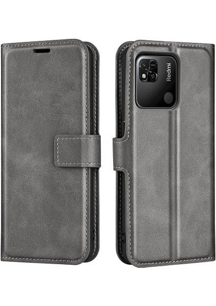 Xiaomi Redmi 10A Için Dokulu Pu Deri Koruyucu Kapak, Square Manyetik Toka Cüzdanı Stand Telefon Case-Grey (Yurt Dışından)