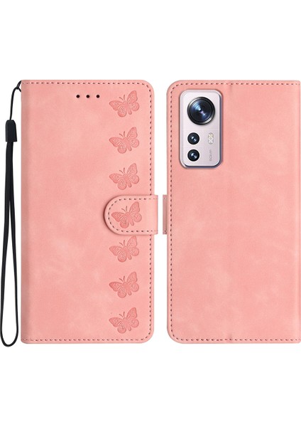 Xiaomi 12 Lite 5g Baskılı Kelebek Telefon Kılıfı Deri Cüzdan Flip Stand Telefon Kabuk-Pembe (Yurt Dışından)