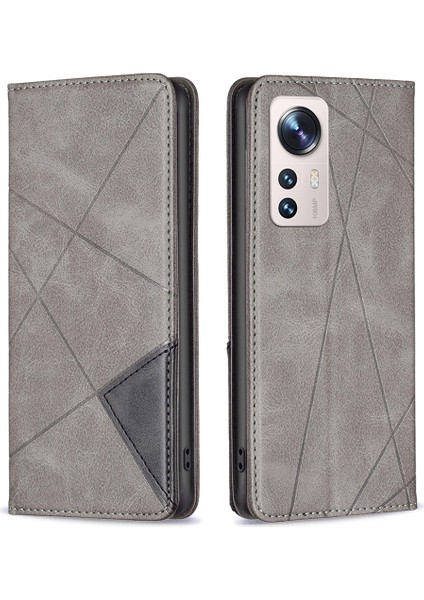 Xiaomi Için 12 Lite Geometrik Basılı Manyetik Otomatik Absorbed Pu Deri Kapak Kart Tutucu Stand Iç Tpu Case-Grey (Yurt Dışından)