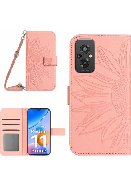 Xiaomi Redmi Için 11 Prime 4g HT04 Ayçiçeği Baskalı Flip Shell, Pu Deri Cüzdan Kılıfı Stand Stand Omuz Kayışı Pembe ile Cilt Dokunma Koruyucu Telefon Kapağı (Yurt Dışından)
