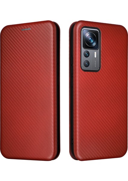 Xiaomi 12T Pro 5g Şok Geçirmez Pu Deri Telefon Kılıf Yuvası Stand Karbon Fiber Doku Manyetik Emilim Flip Cover-Brown (Yurt Dışından)
