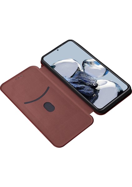 Xiaomi 12T Pro 5g Şok Geçirmez Pu Deri Telefon Kılıf Yuvası Stand Karbon Fiber Doku Manyetik Emilim Flip Cover-Brown (Yurt Dışından)
