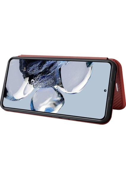 Xiaomi 12T Pro 5g Şok Geçirmez Pu Deri Telefon Kılıf Yuvası Stand Karbon Fiber Doku Manyetik Emilim Flip Cover-Brown (Yurt Dışından)