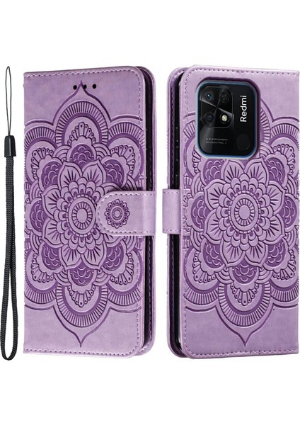 Xiaomi Redmi 10C 4g Pu Deri Cüzdan Stand Kılıfı Mandala Çiçek Telefonu Kapak Morası (Yurt Dışından)