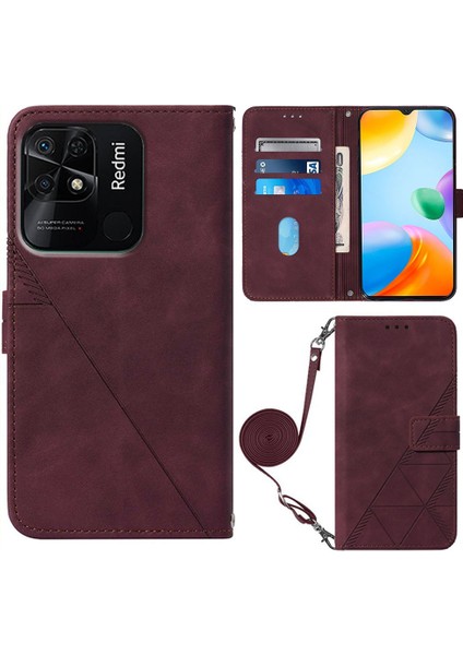 Xiaomi Için Redmi 10C/REDMI 10 (Hindistan) Pu Deri Kapak Çizgileri Baskılı Cüzdan Stand Flip Telefon Kılıfı Omuz Kayışı Kırmızısı (Yurt Dışından)