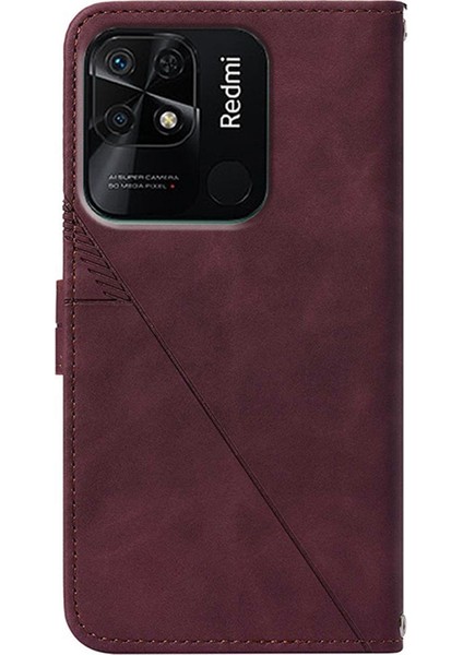 Xiaomi Için Redmi 10C/REDMI 10 (Hindistan) Pu Deri Kapak Çizgileri Baskılı Cüzdan Stand Flip Telefon Kılıfı Omuz Kayışı Kırmızısı (Yurt Dışından) modelleri