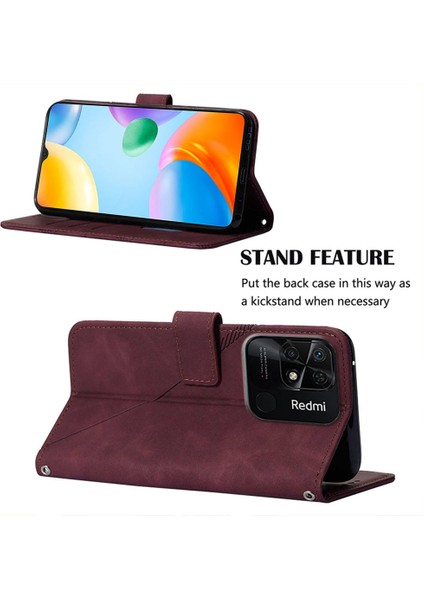 Xiaomi Için Redmi 10C/REDMI 10 (Hindistan) Pu Deri Kapak Çizgileri Baskılı Cüzdan Stand Flip Telefon Kılıfı Omuz Kayışı Kırmızısı (Yurt Dışından) indirimleri