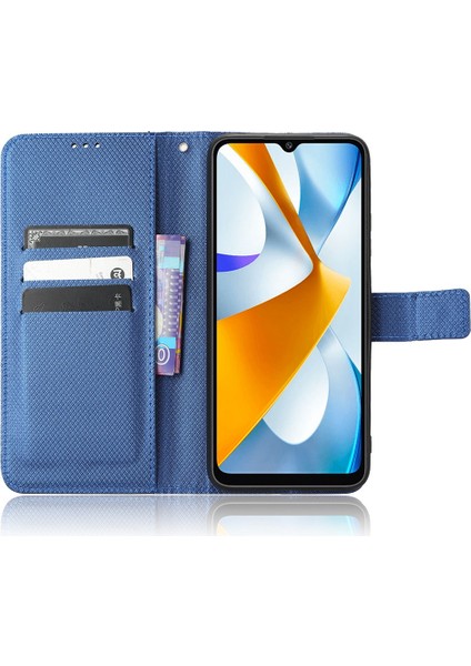 Xiaomi Poco C40 4g Için Anti-Drop Telefon Deri Kapağı, Elmas Doku Manyetik Toka Flip Cüzdan Kılıfı Stand Telefon Kabuk Mavisi (Yurt Dışından)