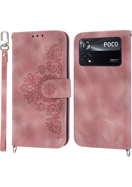 Xiaomi Poco Poco X4 Pro 5g Için Pu Deri Flip Telefon Kılıfı, Baskılı Çiçekler Çoklu Kart Yuvası Cilt Tahtası Anti-Drop Akıllı Telefon Kapak Stand Straps-Pink ile (Yurt Dışından)